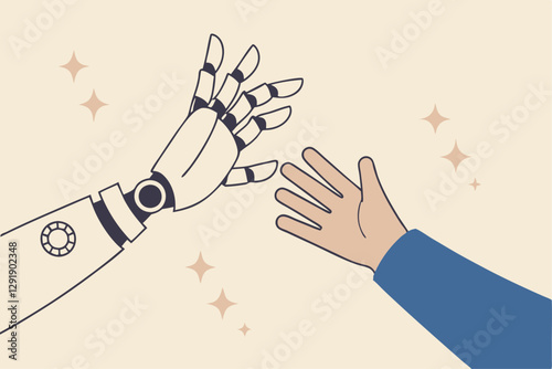 Working together with AI Artificial Intelligence, human cooperate with machine or robot, AI help or support coworker, assistance or partnership concept, businessman hand high five with robot hand.