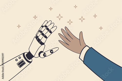 Working together with AI Artificial Intelligence, human cooperate with machine or robot, AI help or support coworker, assistance or partnership concept, businessman hand high five with robot hand.