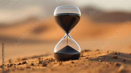 A sand timer in the middle of a desert, with a blurred background that suggests a shallow depth of field. The sand timer is a classic hourglass, consisting of two glass bulbs connected by a narrow nec