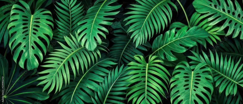 Lush Green Tropical Leaves Background Illuminated by Natural Light Lush Green Tropical Leaves Background Illuminated by Natural Light