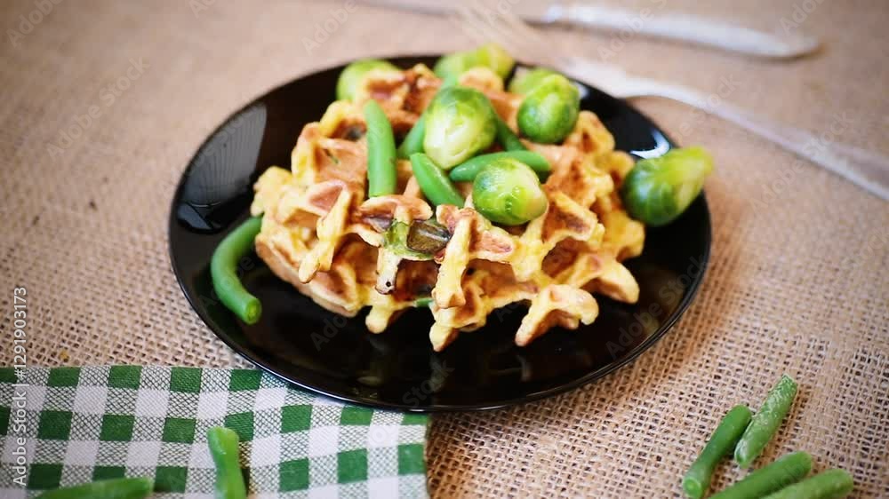 Vegetable waffles with Brussel sprouts and green beans