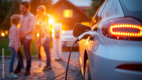 family is enjoying quality time while charging electric car at home during sunset. warm glow creates cozy atmosphere, highlighting importance of sustainable energy
