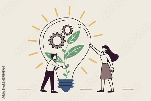 ESG, Environmental, Social and Corporate Governance, company responsibility to care world environment and people concept, business people touch light bulb with seedling green plant and governance gear