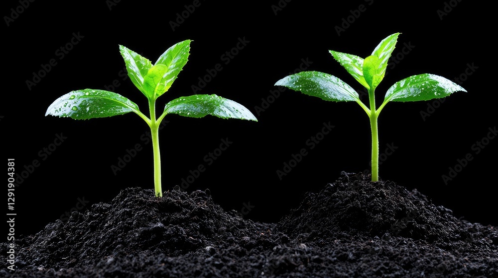 Naklejka premium Two young plants sprouting from soil against black background. Possible use Nature education, gardening, ecology