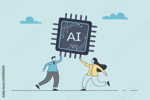 Embrace AI, Artificial Intelligence adoption, user or people who use AI to help and support work success, innovation or revolution to change business concept, business people carry AI processing chip.