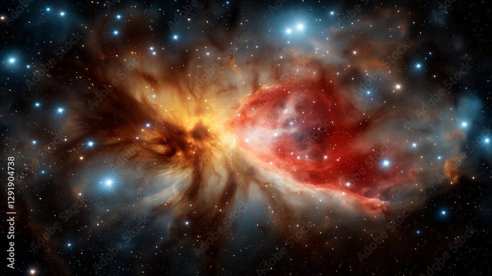 Fototapeta premium vibrant red nebula drifts through vast expanse of space, surrounded by twinkling stars and cosmic clouds, creating mesmerizing celestial scene