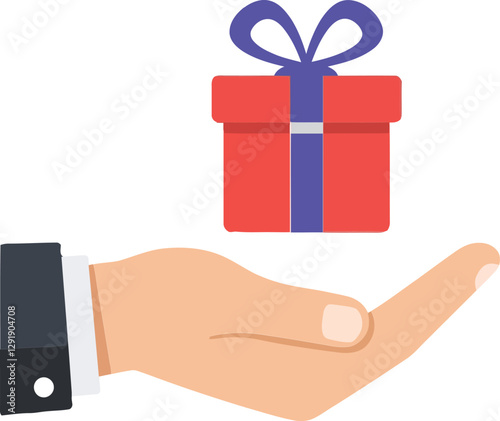 Hand presenting a red gift box with a blue ribbon in a minimal flat design vector illustration
