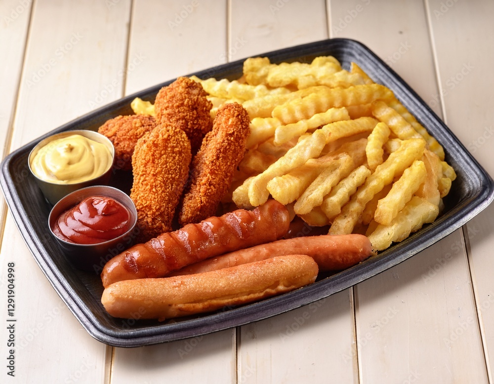 Casual Fast Food Platter: Hot Dogs, Chicken Strips, and Fries with Dipping Sauces Casual Fast Food Platter: Hot Dogs, Chicken Strips, and Fries with Dipping Sauces