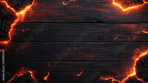 Black charred wood background with glowing orange lava like edges creates dramatic and intense atmosphere. Perfect for designs needing bold, fiery touch