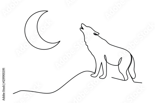 Lone Wolf Howling at Crescent Moon Night Sky Minimalist Line Art