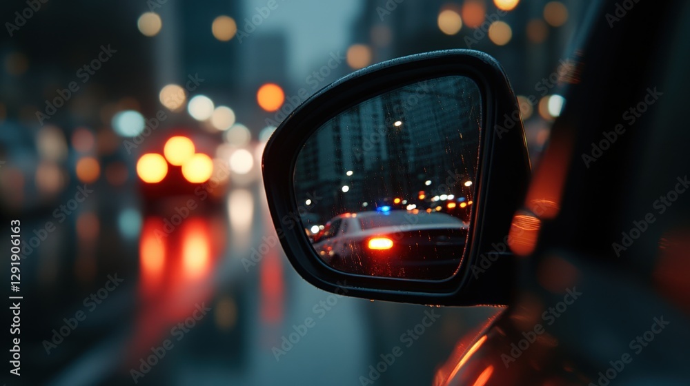 police car in rearview mirror at night