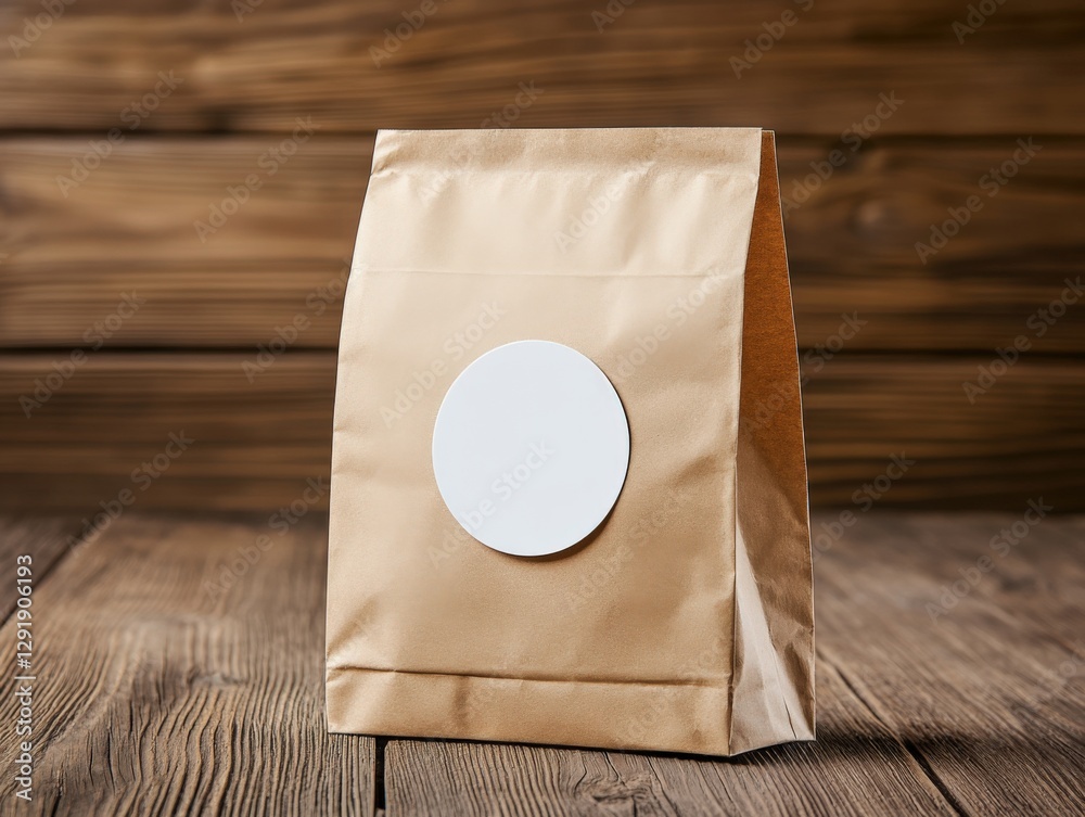 brown paper bag with blank white label on wood