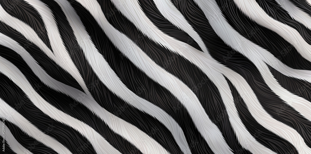 Seamless black and white zebra fur pattern with flowing waves, creating dynamic and textured appearance. Ideal for various design applications Seamless black and white zebra fur pattern with flowing waves, creating dynamic and textured appearance. Ideal for various design applications