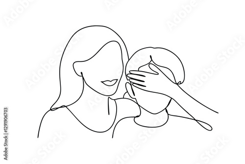 Single Line Drawing Mother and Child, Surprise, Love, Tenderness, Affection, Happiness, Joy, Care, B