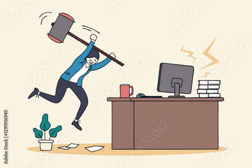 Frustration and chaos from computer problem or tech failure, stressful or anxiety from overworked or disappointment and mistake concept, frustrated businessman hitting to break computer with hammer.