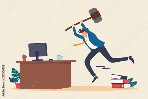 Frustration and chaos from computer problem or tech failure, stressful or anxiety from overworked or disappointment and mistake concept, frustrated businessman hitting to break computer with hammer.