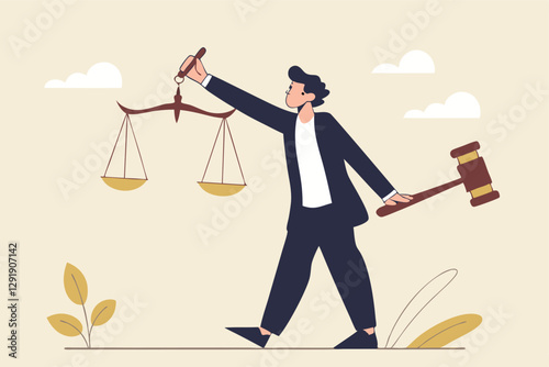 Legal verdict, judgement or law and justice, lawyer, attorney or ethics, lawsuit and jury concept, businessman attorney or lawyer holding gavel and equality scale on other hand.