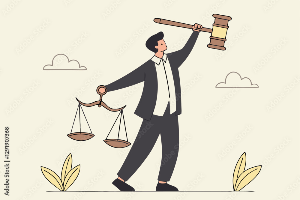 Obraz premium Legal verdict, judgement or law and justice, lawyer, attorney or ethics, lawsuit and jury concept, businessman attorney or lawyer holding gavel and equality scale on other hand.