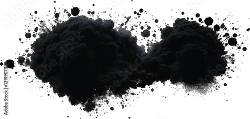 Dynamic Black Smoke Cloud Erupting into the Air with Fine Dust Particles Dispersing in an 
Artistic and High-Definition Abstract Composition on White

