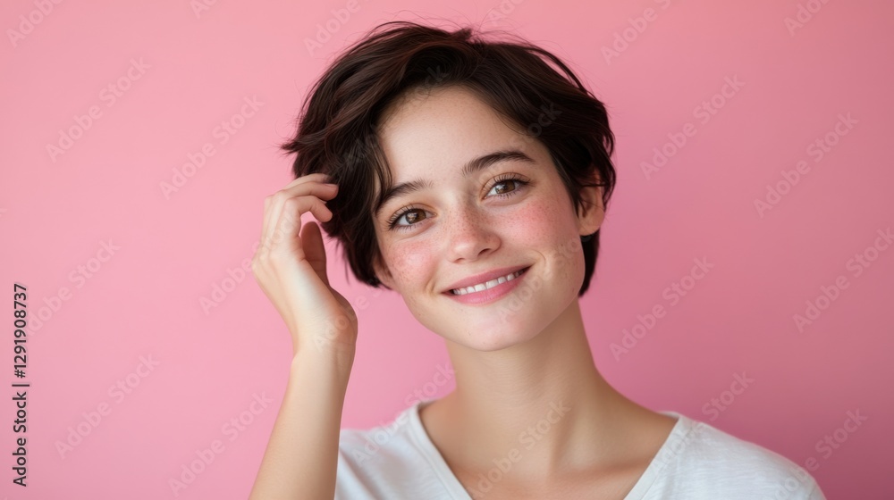 smiling girl with freckles against pink background smiling girl with freckles against pink background