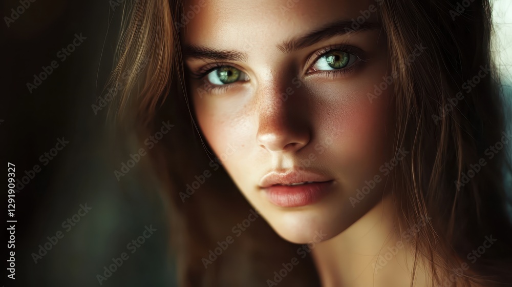Fototapeta premium A young woman with captivating green eyes gazes thoughtfully into the distance, illuminated by the gentle embrace of soft natural light