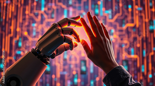 Human and robotic hand touching, AI and human connection, futuristic technology, cyber interaction