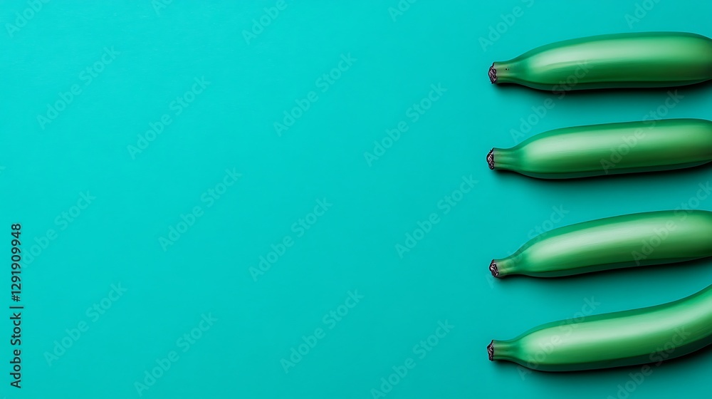 Green Bananas Arranged on Teal Background Green Bananas Arranged on Teal Background