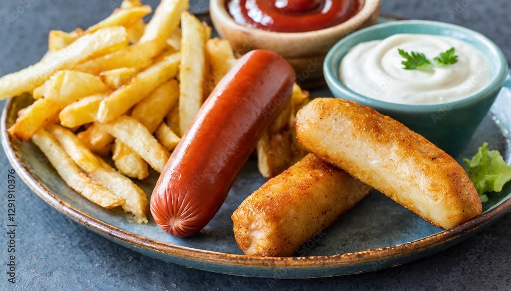 Casual Fast Food Platter: Hot Dogs, Chicken Strips, and Fries with Dipping Sauces Casual Fast Food Platter: Hot Dogs, Chicken Strips, and Fries with Dipping Sauces