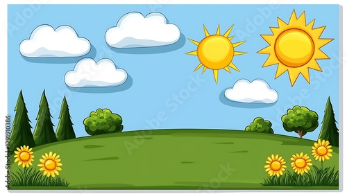 Green field with sunflowers under sun & clouds illustration for educational use