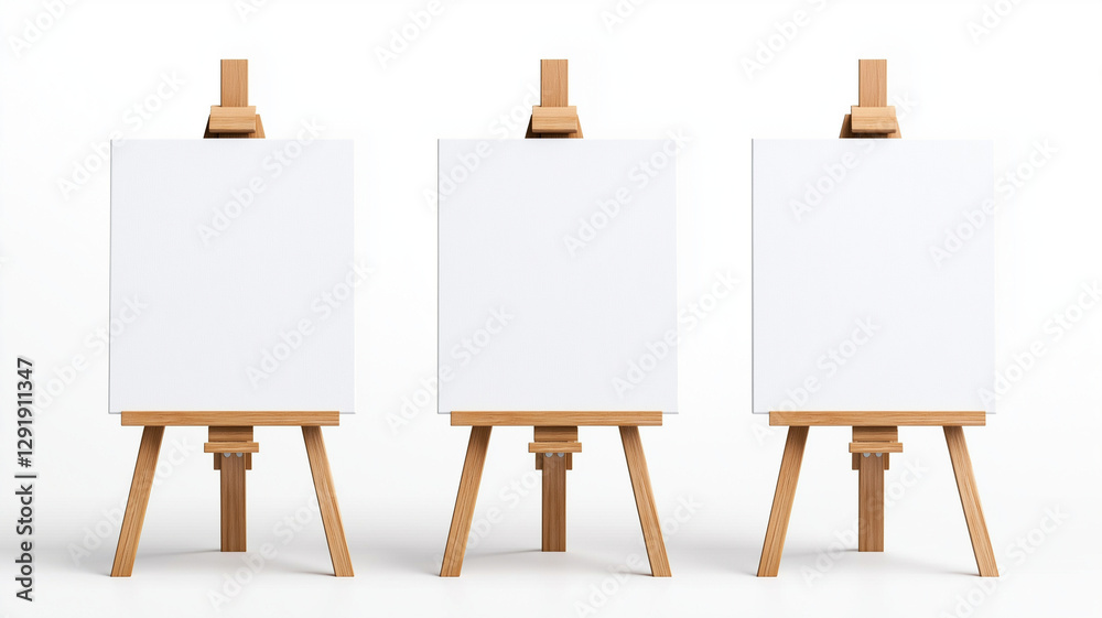 Three empty white canvases on wooden easels, ready for artistic expression and creativity. minimalist setup invites inspiration and imagination in bright, clean environment Three empty white canvases on wooden easels, ready for artistic expression and creativity. minimalist setup invites inspiration and imagination in bright, clean environment