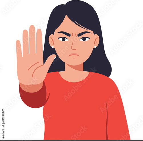 Young woman with a stern expression holding up her hand in a stop gesture, flat illustration conveying assertiveness and confidence in vector art
