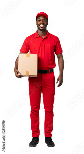 Delivery Man Holding Package Smiling in Red Uniform on Black Background