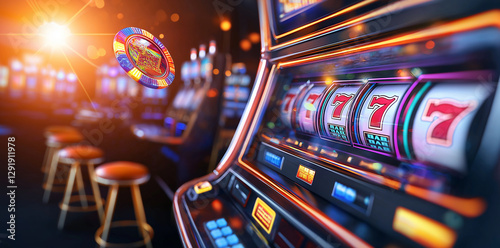 Brightly lit slot machines with neon lights and vibrant colors create exciting atmosphere in casino. focus is on spinning reels displaying lucky sevens, inviting players to try their luck