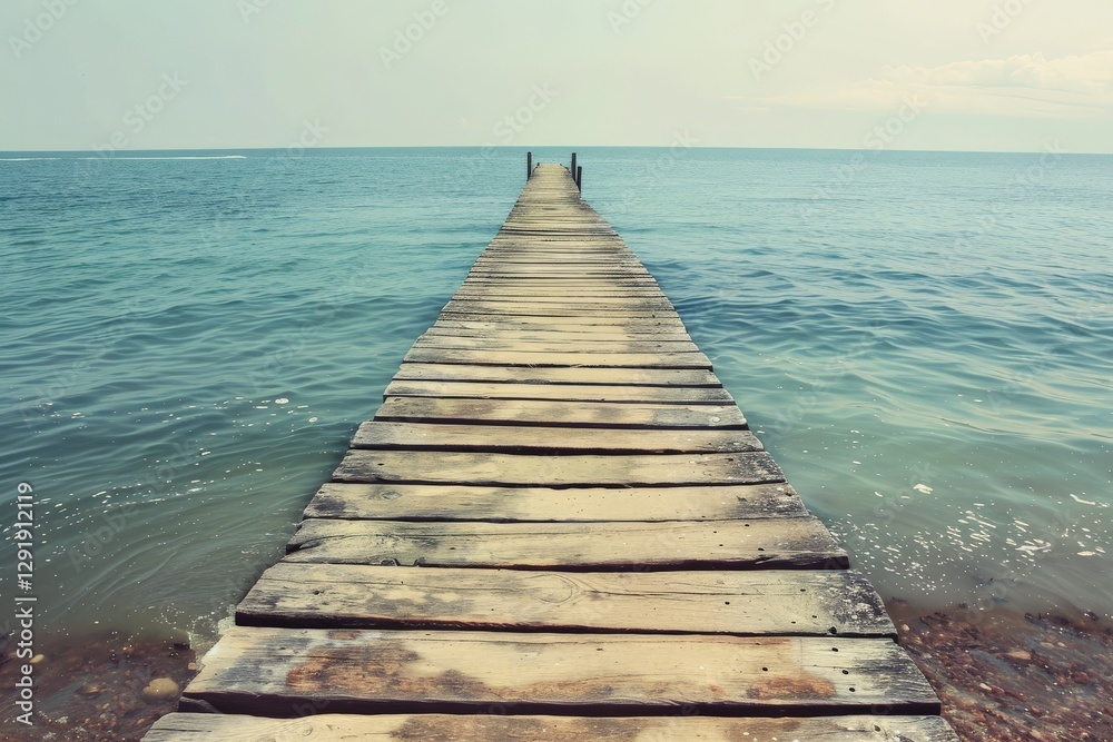 Obraz premium Long wooden pier extending into calm turquoise waters under a clear sky on a sunny day