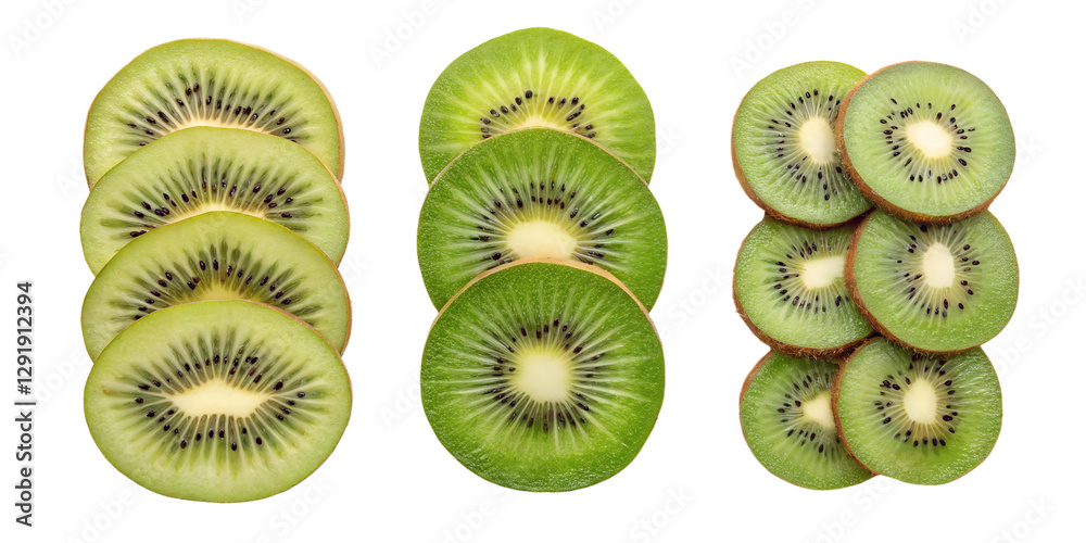 Fototapeta premium Sliced kiwi fruits on white, vibrant tropical fruit, Cut Out