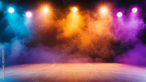vibrant basketball court illuminated by colorful spotlights and smoke creates energetic atmosphere. dynamic lighting enhances excitement of scene  perfect for thrilling game