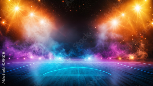 vibrant basketball court illuminated by spotlights, surrounded by colorful smoke and starry backdrop, creates energetic atmosphere perfect for thrilling game