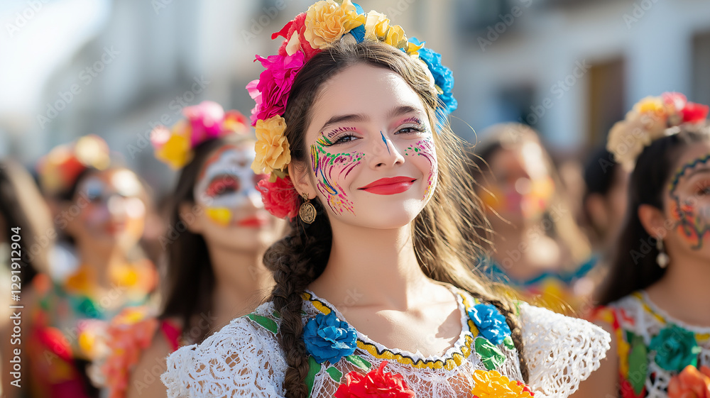 Fototapeta premium Colorful celebration featuring women in traditional Mexican attire, adorned with flowers and vibrant face paint, showcasing cultural pride and joy during festive event