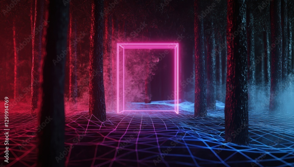 A fragmented forest dissolving into neon wireframe structures, a surreal abstract fusion of nature and corrupted data streams