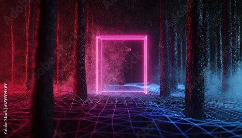 A fragmented forest dissolving into neon wireframe structures, a surreal abstract fusion of nature and corrupted data streams