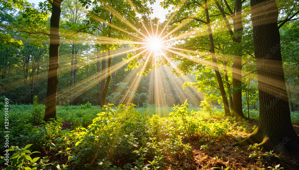 Obraz premium Sunlight streaming through trees in vibrant forest, nature's beauty