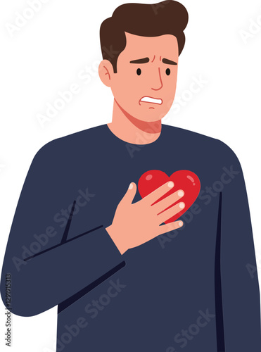 A worried man holding a red heart symbol on his chest, expressing concern and vulnerability in flat vector art