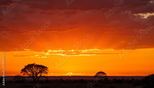 Stunning savannah sunset with glowing horizon and acacia trees  tranquility