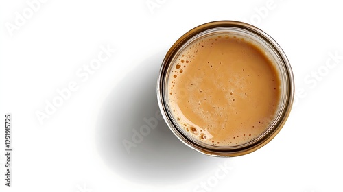 Top down view glass of milk tea slight foam white background, hot coffee drink 
