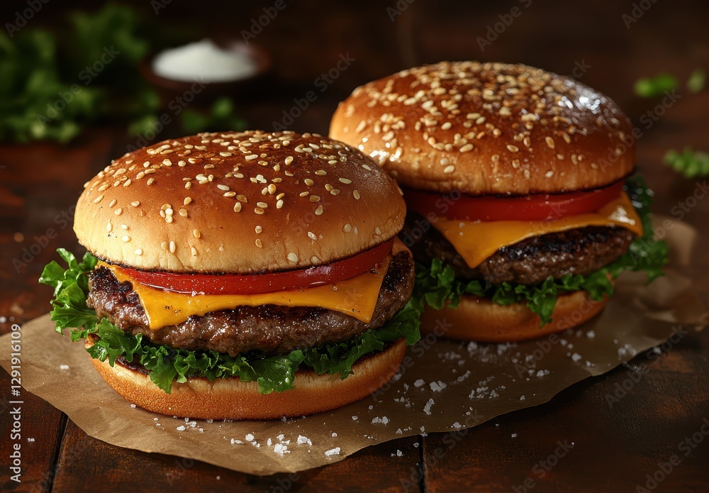Juicy and Delicious Cheeseburgers with Fresh Lettuce, Tomato, and Melted Cheese on a Wooden Table Background Juicy and Delicious Cheeseburgers with Fresh Lettuce, Tomato, and Melted Cheese on a Wooden Table Background
