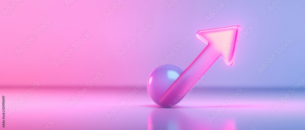 neon arrow pointing up standing on a sphere. neon arrow pointing up standing on a sphere.
