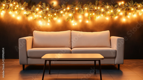 cozy beige sofa with wooden coffee table is illuminated by warm string lights and greenery  creating welcoming atmosphere for relaxation