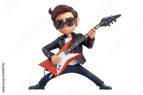 A man in his 50s passionately plays an electric guitar, dressed in a leather jacket and exuding a rock star vibe