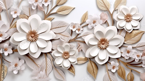 3D Seamless floral background with delicate leaves and flowers in an elegant ornamental pattern on a clean background