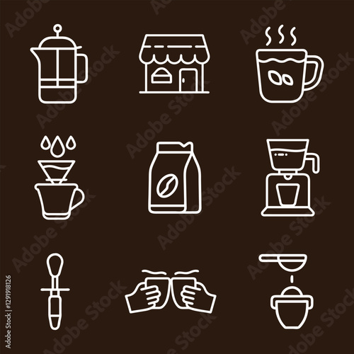 Coffee Shop Line Art Icon Set Coffee Maker and equipment used in coffee preparation